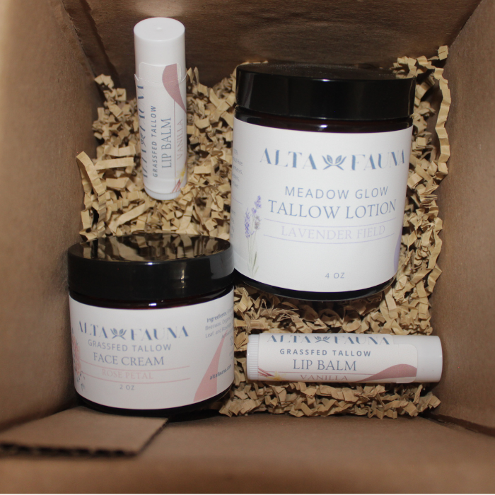 Alta Fauna Tallow Lotion, Face Cream and Lip Balms in a shipping box with packing material.