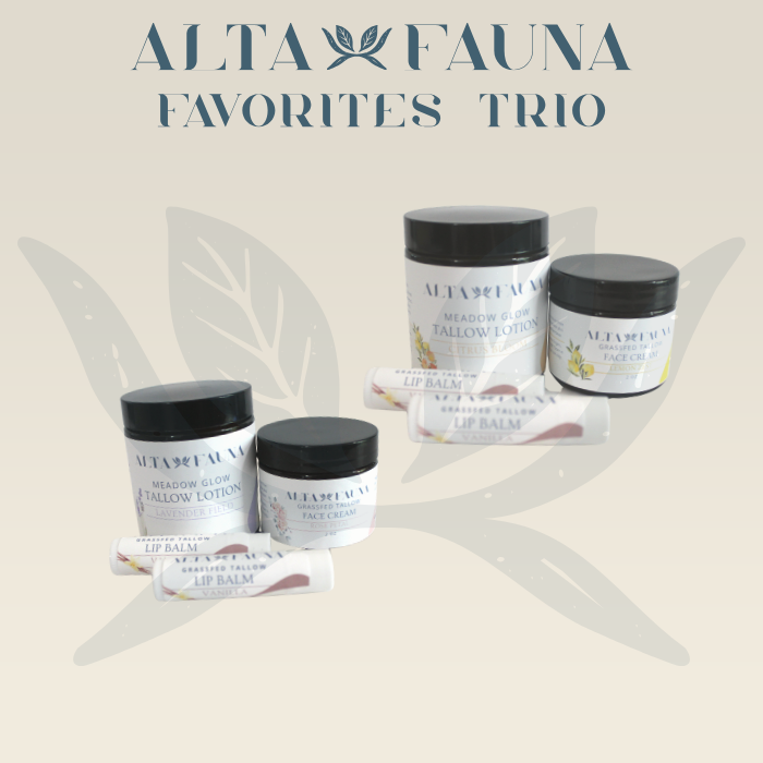 Alta Fauna Favorites Trio photos in Citrus and Floral scents on a white background with the Alta Fauna logo in the background.