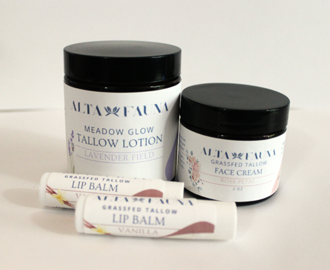 Alta Fauna products pictured on a white background: Tallow Lotion, Face Cream and Lip Balms. 