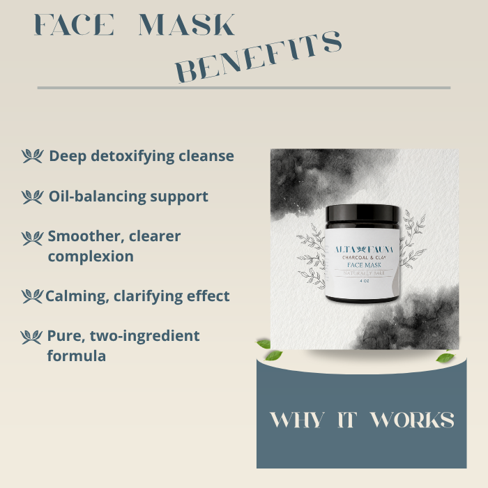 Activated charcoal and bentonite clay face mask benefits sheet with photo of Alta Fauna face mask and description of why it works.