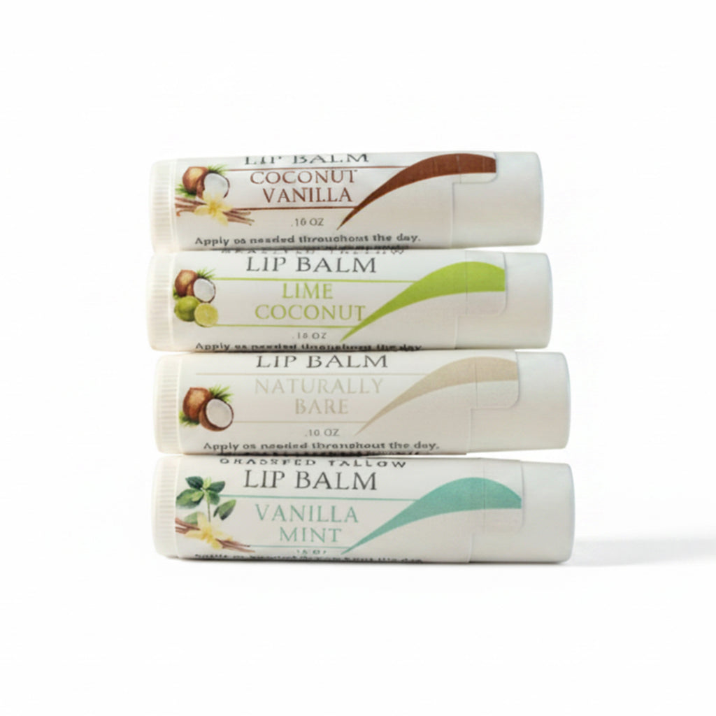 Photo of the Alta Fauna Assorted Lip Balms Bundle on a white background.  Selection includes Coconut Vanilla, Lime Coconut, Naturally Bare (unscented) and Vanilla Mint. 
