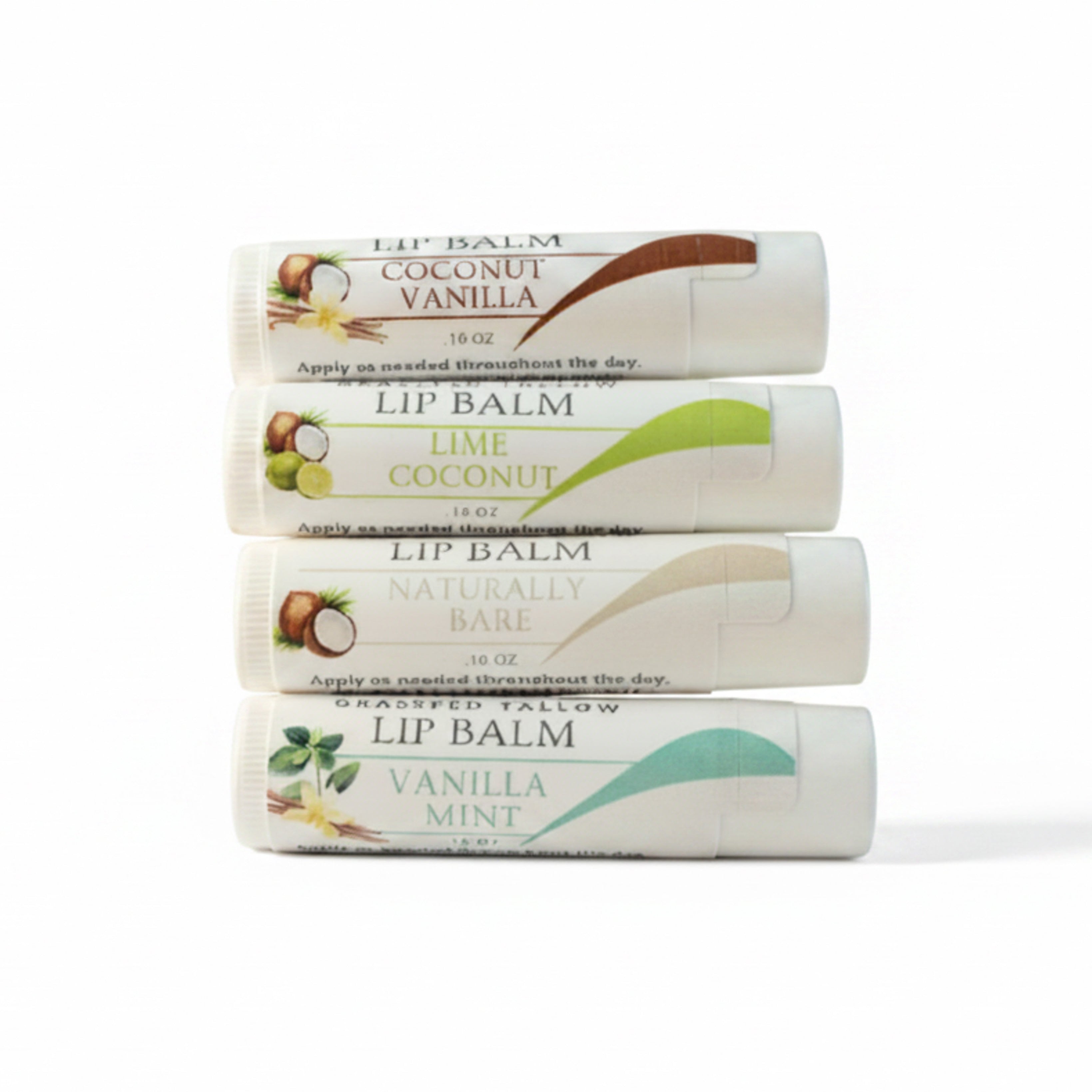 Photo of the Alta Fauna Assorted Lip Balms Bundle on a white background.  Selection includes Coconut Vanilla, Lime Coconut, Naturally Bare (unscented) and Vanilla Mint. 