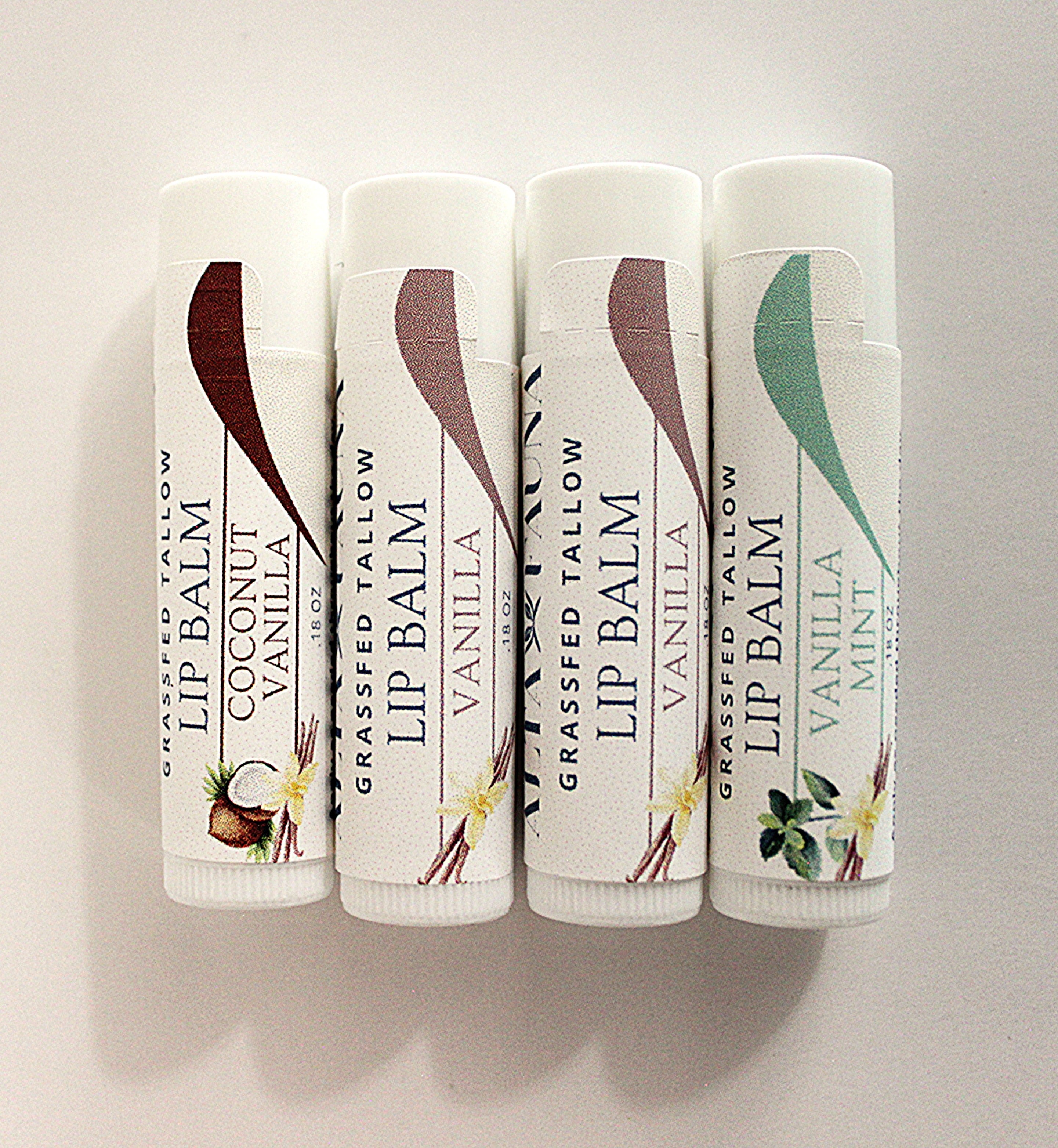 Photo of the Alta Fauna Vanillas Lip Balms Bundle on a white background.  Selection includes Coconut Vanilla, Vanilla and Vanilla Mint. 