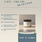 Face Cream benefits sheet with photo of Alta Fauna face cream and description of why it works.