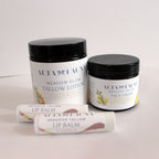 Alta Fauna Citrus Bundle with Tallow Lotion, Face Cream and Lip Balms on a white background.