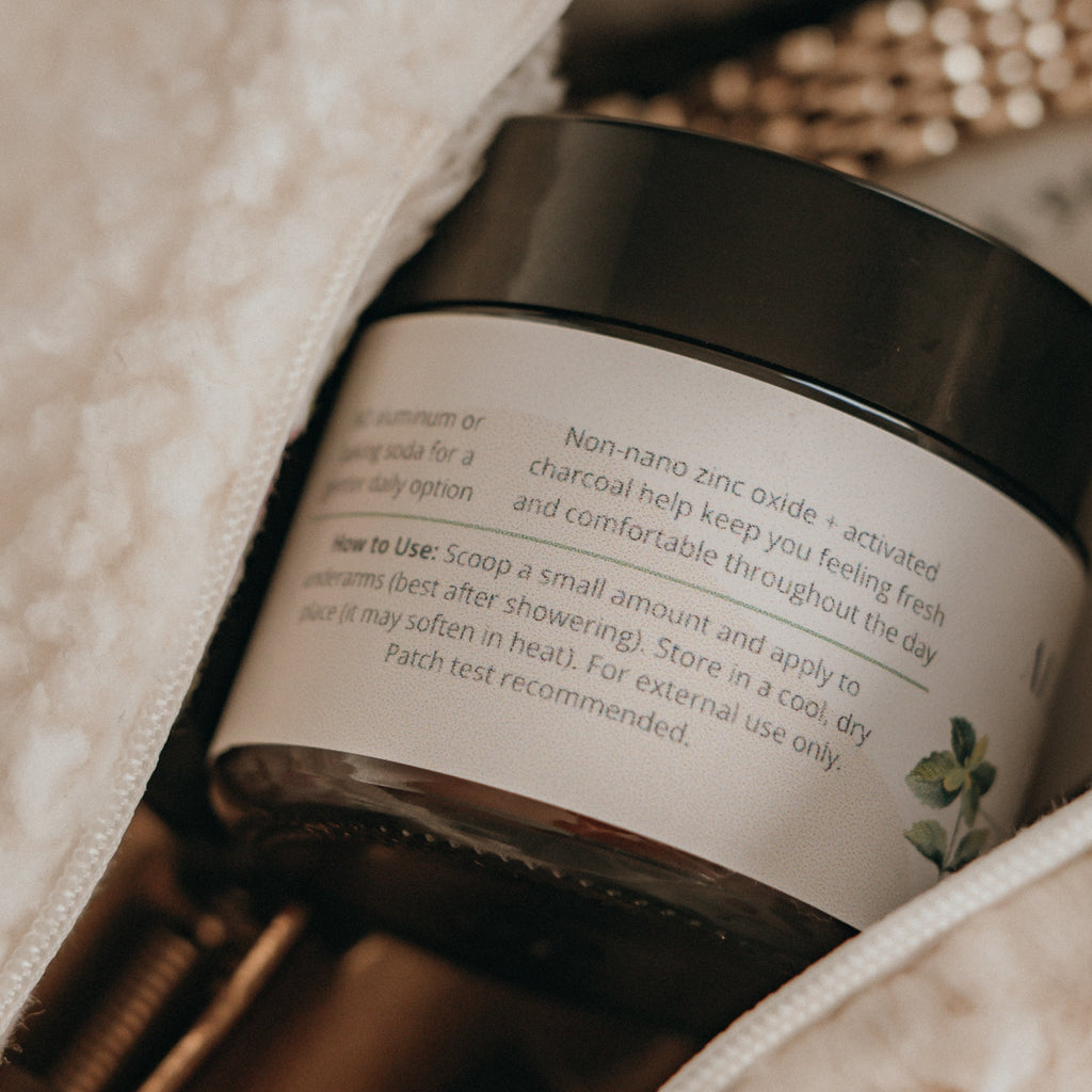 Close‑up of Alta Fauna aluminum‑free tallow deodorant label for sensitive skin.