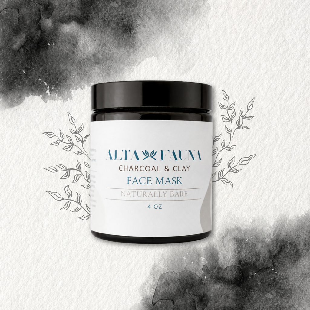 Alta Fauna charcoal and clay face mask jar with decorative elements on a textured background