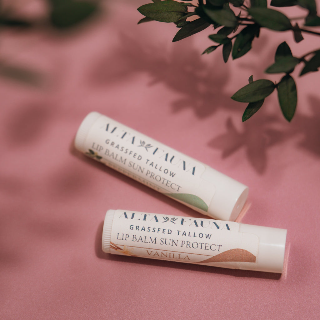 Alta Fauna Vanilla and Peppermint Lip Balms with Sun Protect together with caps on, on a pink background.  