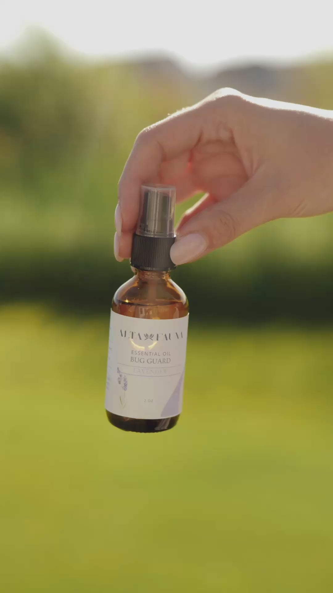 Video of Alta Fauna Bug Guard with views of the front, side and back of the amber, glass jar. Shows the product being sprayed/in use.