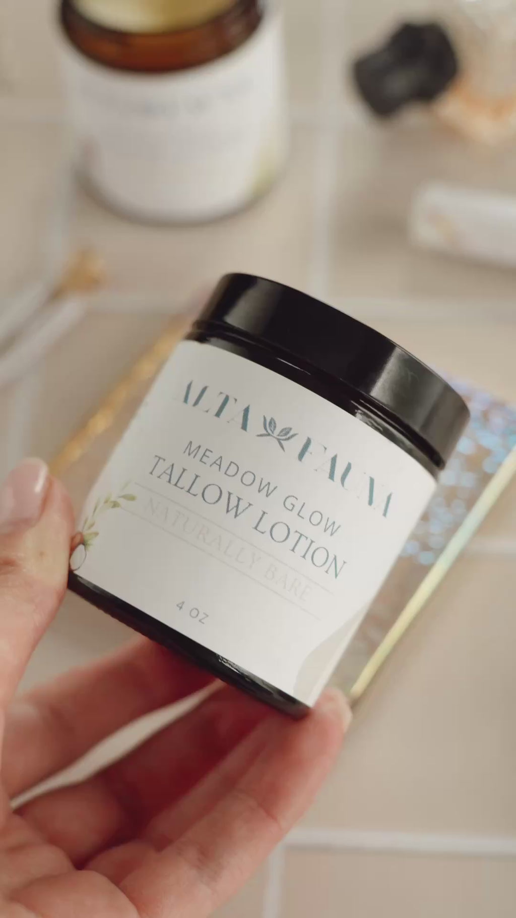 Video showing Alta Fauna Tallow Lotion, texture close-ups and the back of the jar, including ingredients.