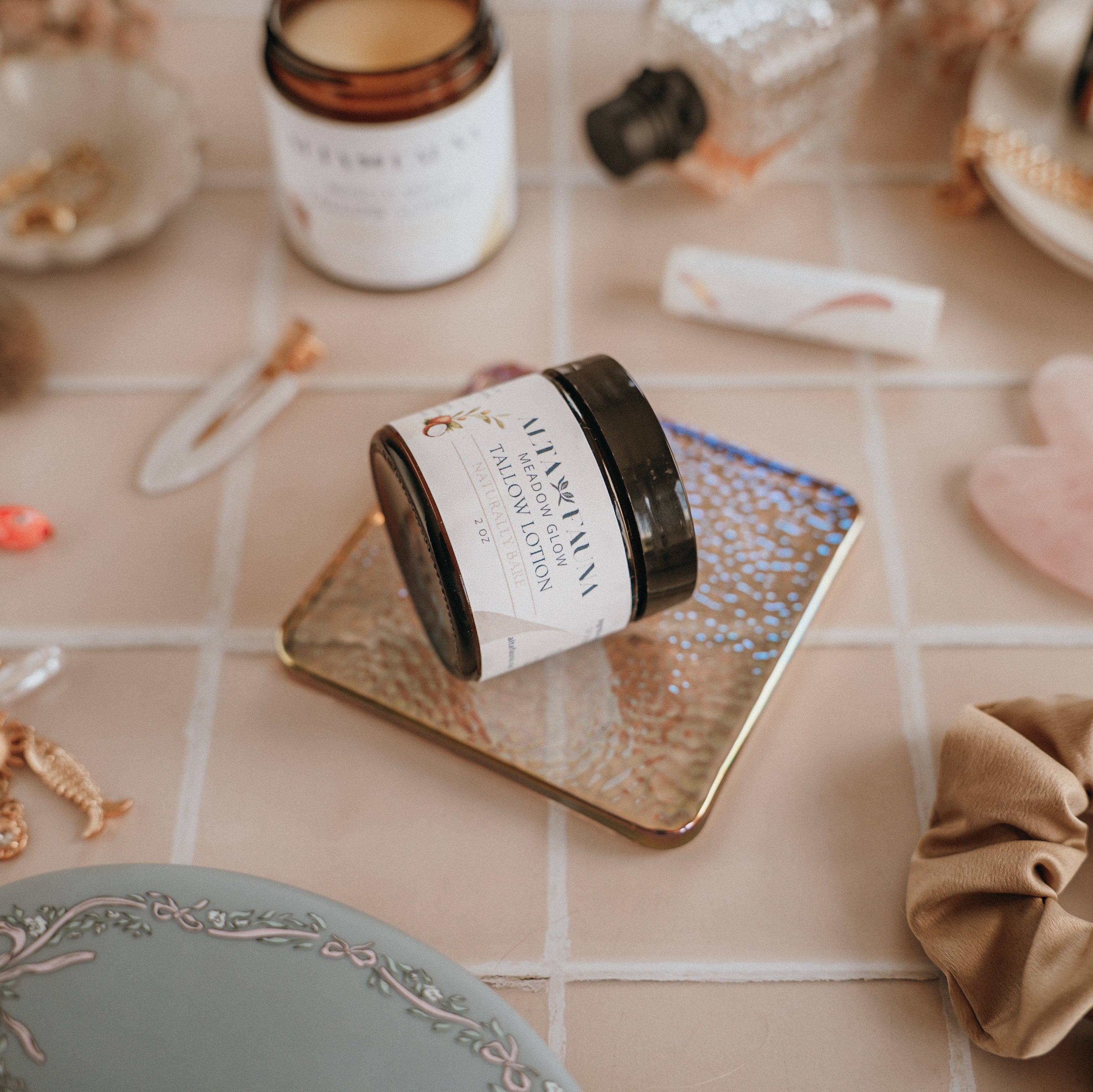 Alta Fauna Naturally Bare (unscented) 2oz tallow lotion in amber jar for dry, cracked skin hydration